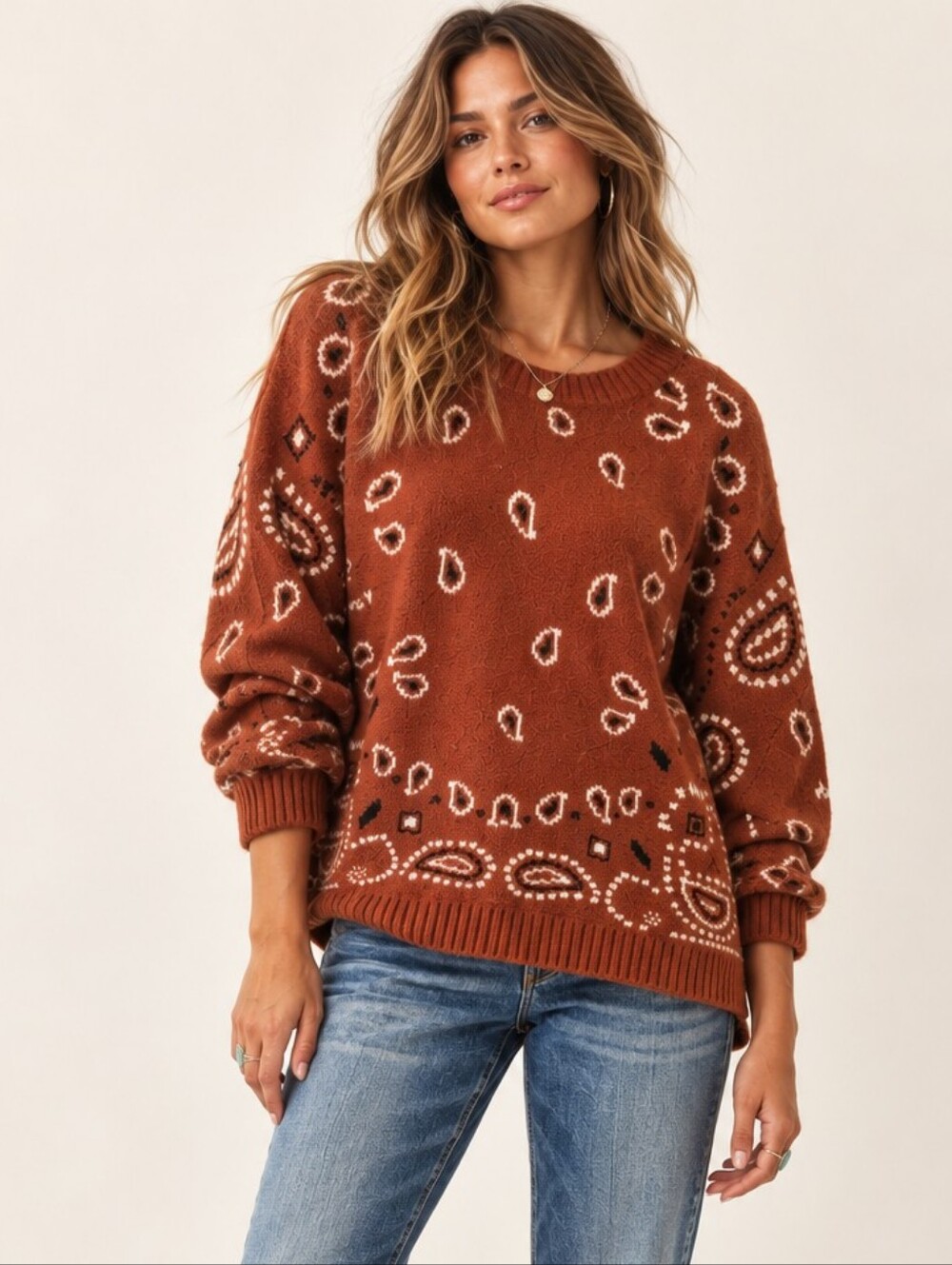 Chelsea & Theodore NWT Bandana Paisley Oversized Sweater Rust 1X